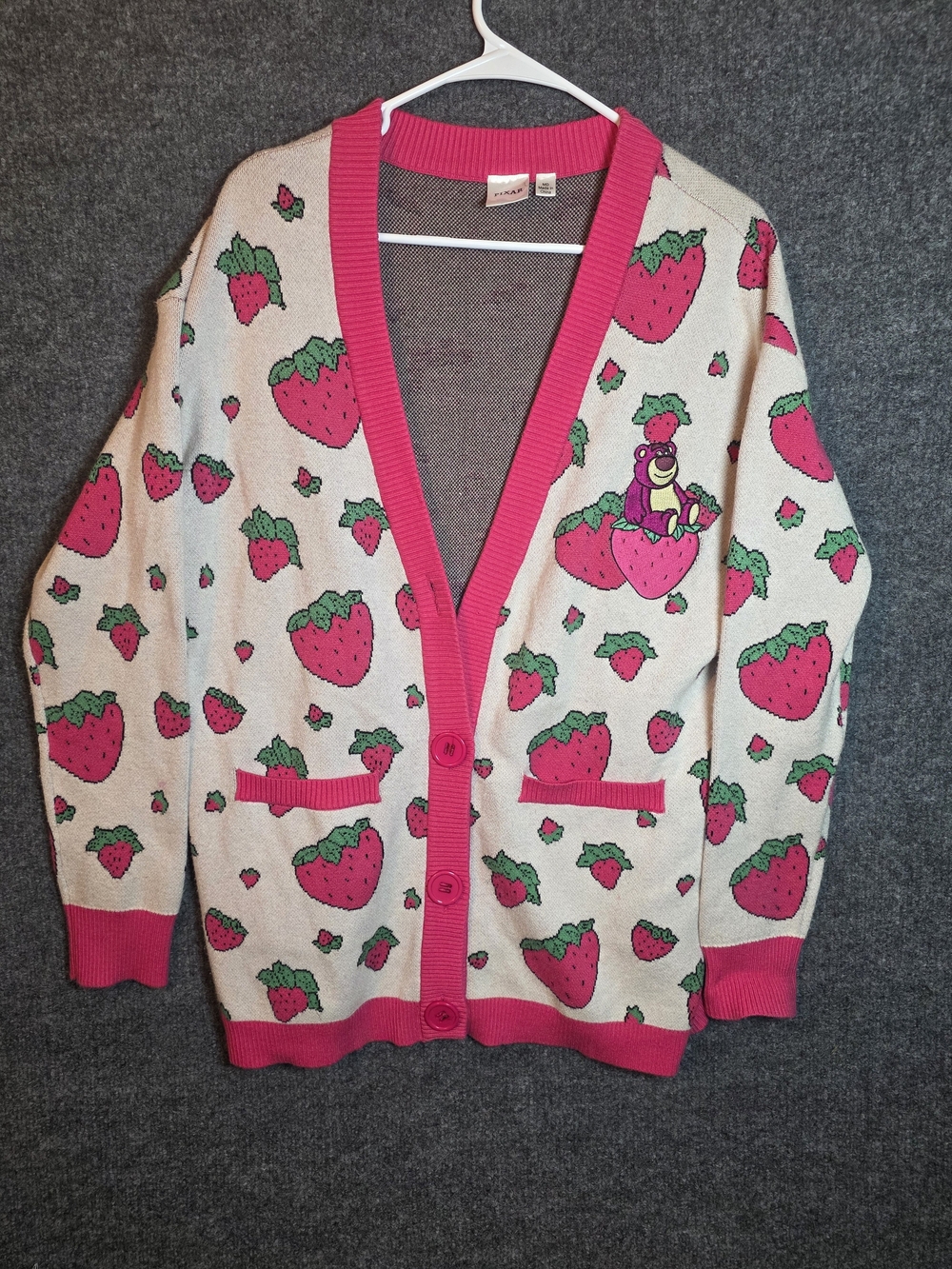 Disney Pixar Toy Story Lotso Bear Strawberry Knit Cardigan Sweater Pink Medium